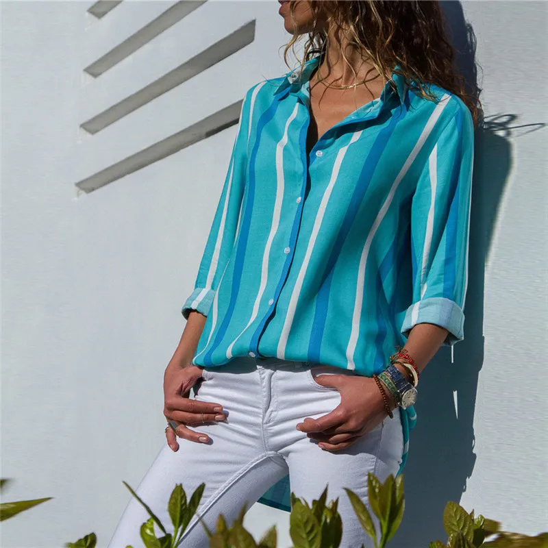 
Striped V-neck long-sleeved blouse woman tops fashionable blusa 