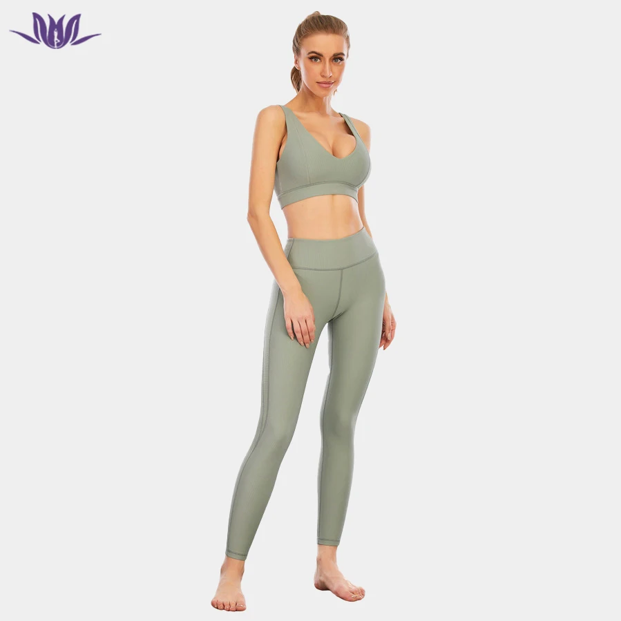 Breathable 2023 OEM New Wholesale High Waist nude ribbed yoga sets Fitness Workout sets Bra and Leggings