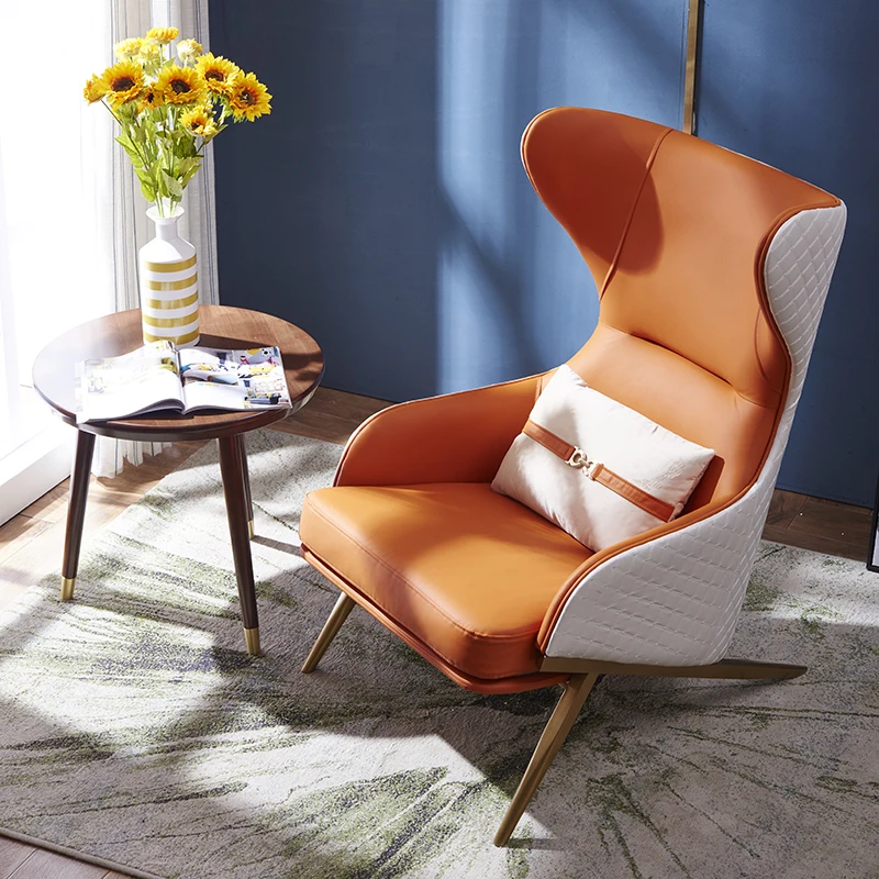 Italian Light Luxury Post Modern Balcony High Back Creative Leather Stainless Steel Base Sofa Chair For Living Room Furniture