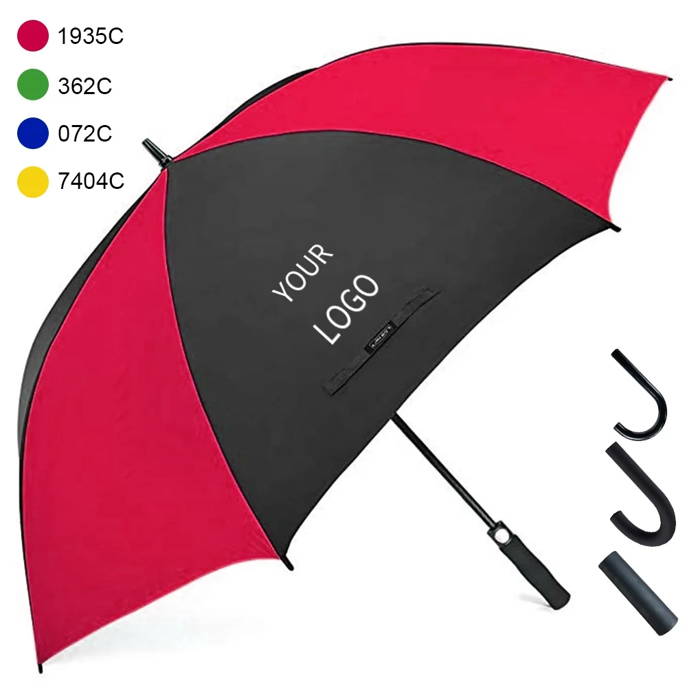 Ready to Ship Automatic Custom Golf Umbrella Windproof Fiberglass Promotional Logo Prints Plastic Handle Straight Style Adults