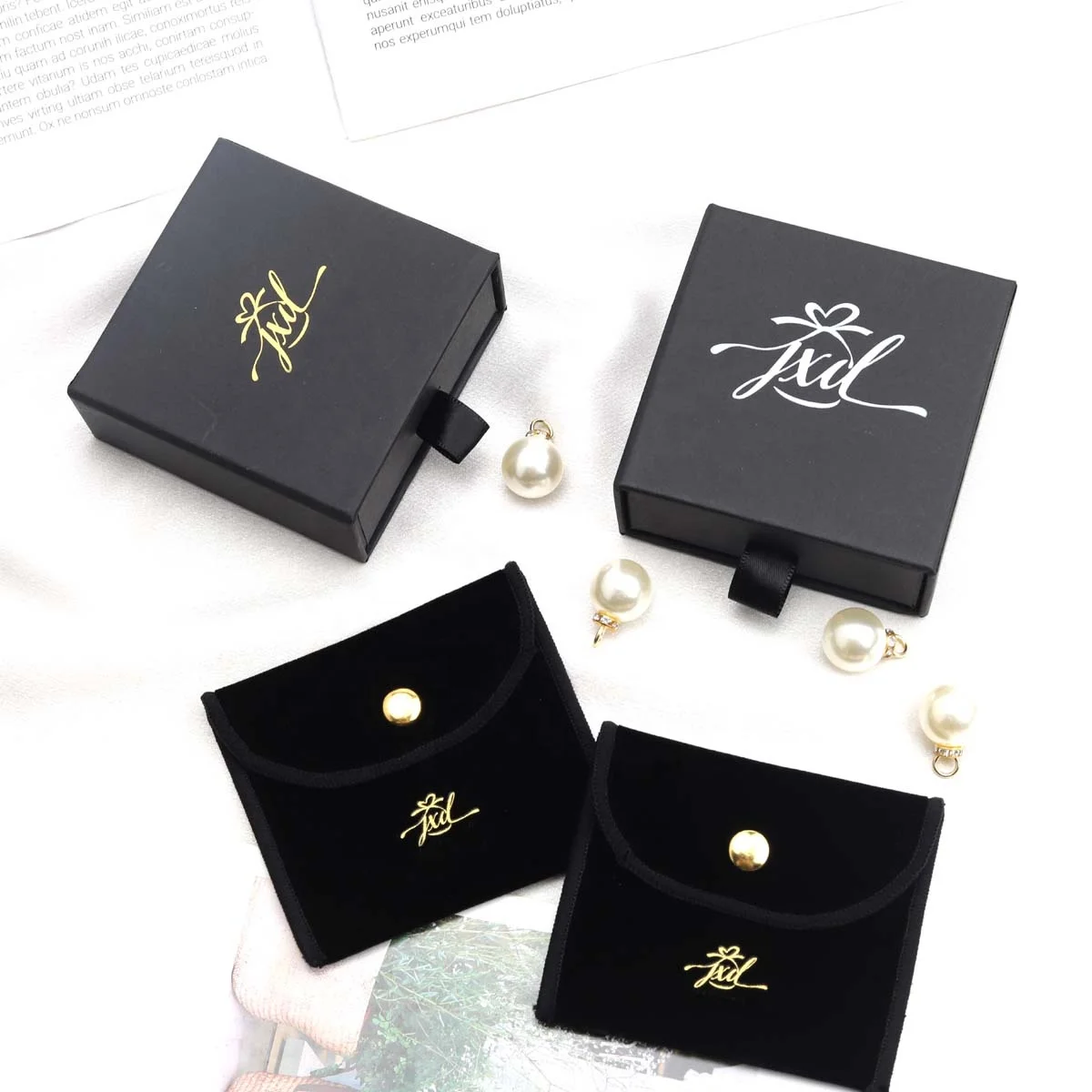 Custom Logo Packaging Case ForJewelry Organizer Velvet Envelope Jewelry Bag Luxury Black Drawing Paper Gift Jewellery Box