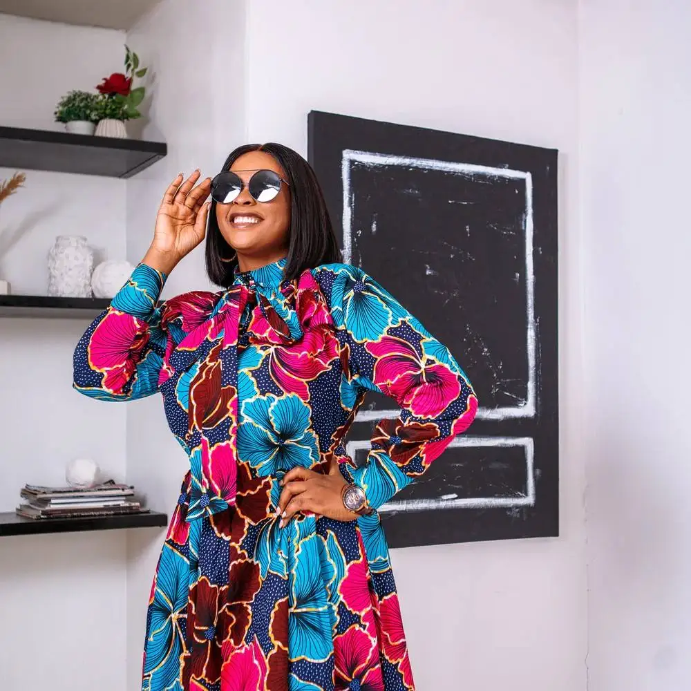 2023 Fall Clothing Fashion African Print Long Sleeve High Waist Puffy Bow Neck Midi Dress Africa Plus Size Dress