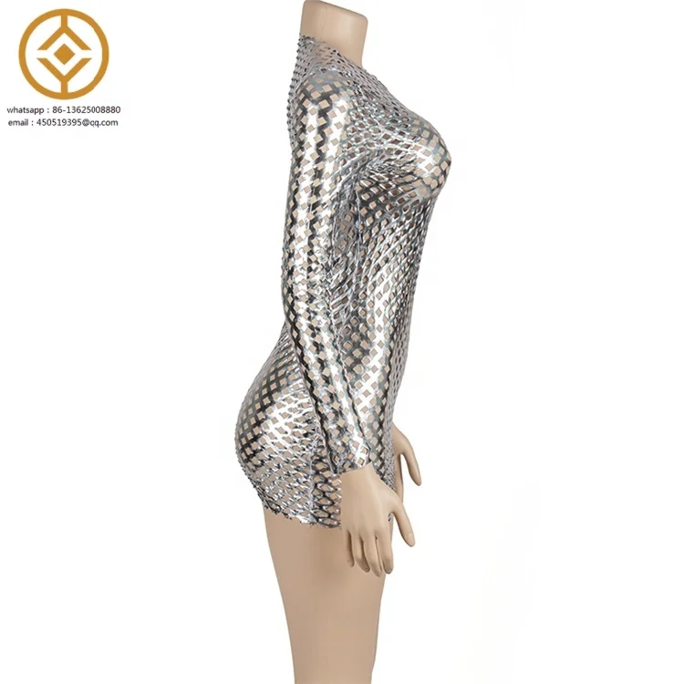 H8423C Metallic Shiny Silver Hollow Out Mini Dresses Women Sexy See Through O-Neck Long Sleeve Bodycon Dress 2023 Nightclub