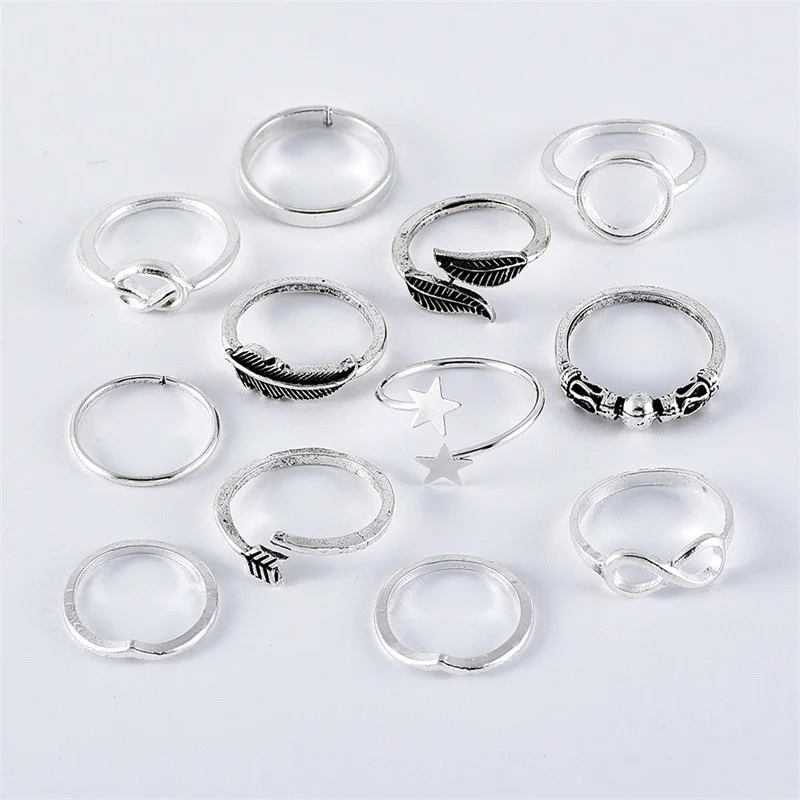 12 Pieces/set Fashion Color Silver Exquisite Ring for Women Leaf Geometric Opening Ring Set Gift Jewelry Accessories
