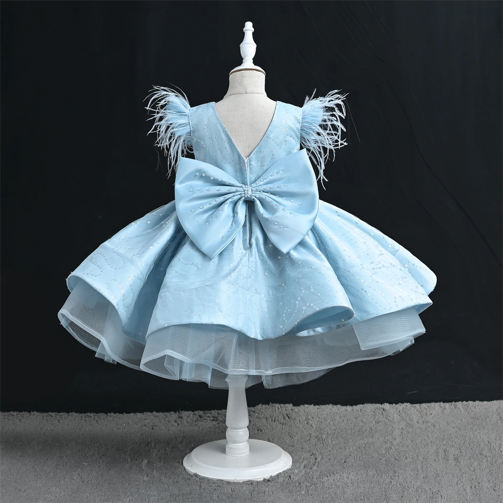 Boutiques Blue Infant Baby Girls Ball Gown Satin Multi-Layered Mesh Fluffy Tutu Skirt With Bow Dresses Princess Wedding Birthday