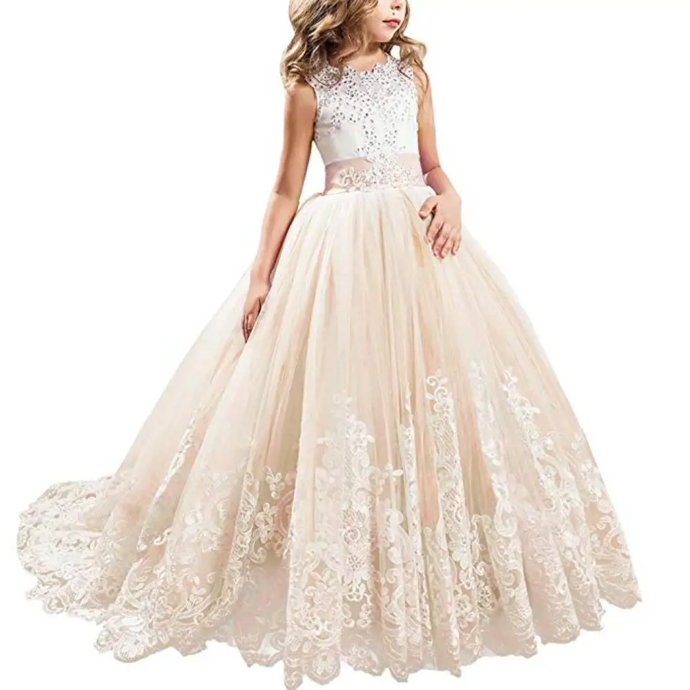 champagne kids ball gowns embroidery lace flower girls party dresses for wedding 2019 latest pageant dresses for kids