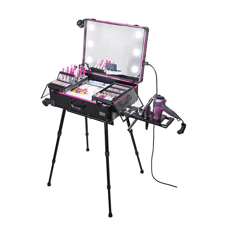 FAMA factory Professional travel rolling cosmetic storage case trolley beauty train aluminum box with MP4 music player