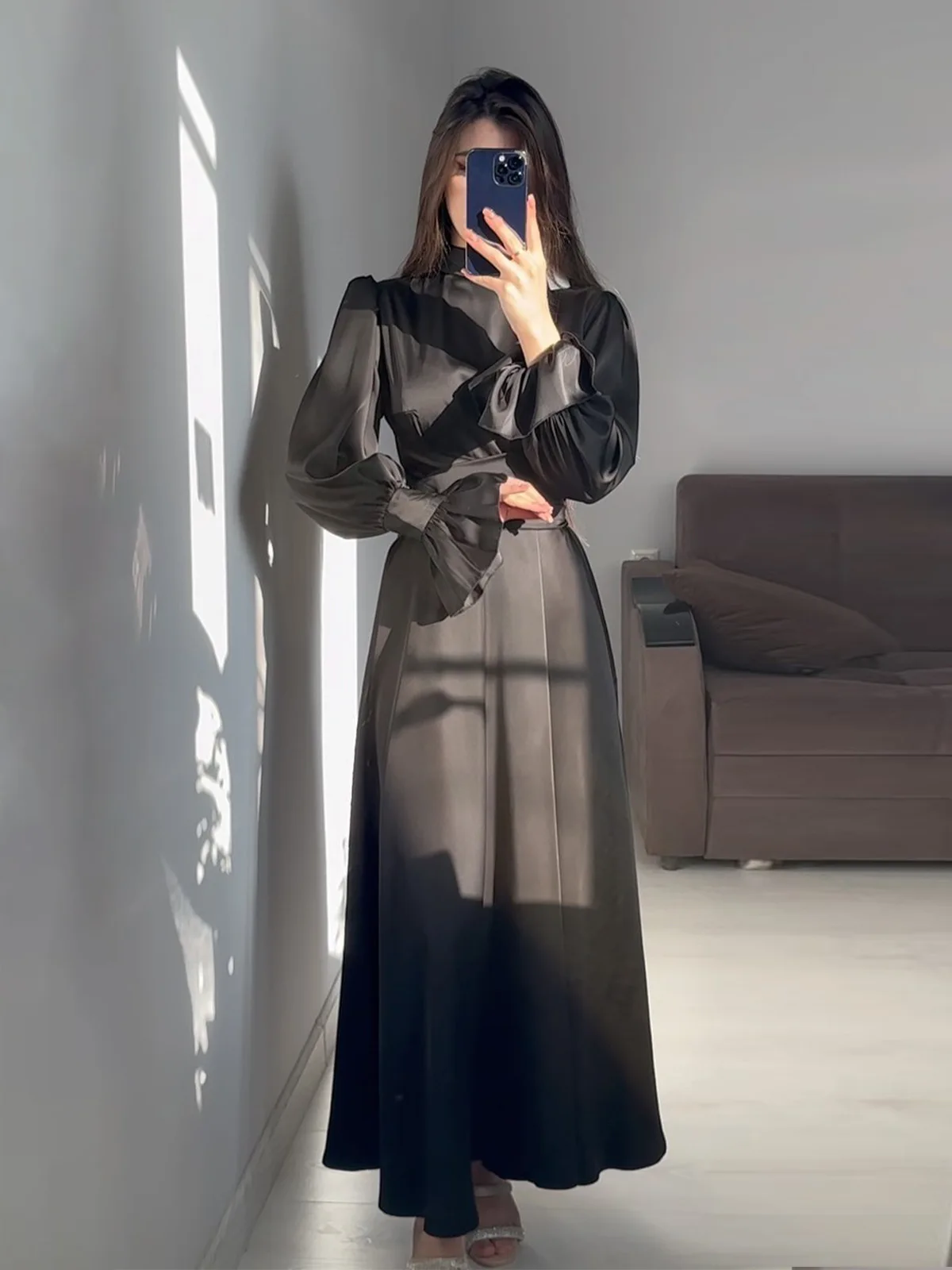 2024 Ramadan Turkish Dark Green Abaya Muslim Dress Women Kaftan Dubai Islamic Clothing Modest Satin Evening Dress Abaya