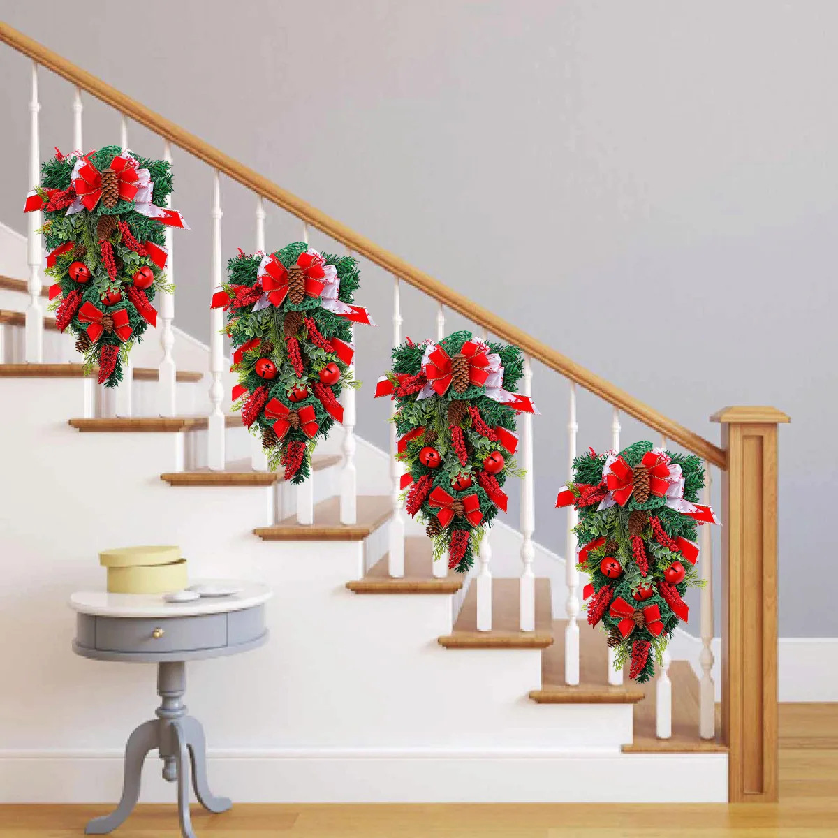 New Christmas Ribbon Bell Inverted Tree Wreath Door Hanging Christmas Bow Pine Rattan Decorative Wall Hanging