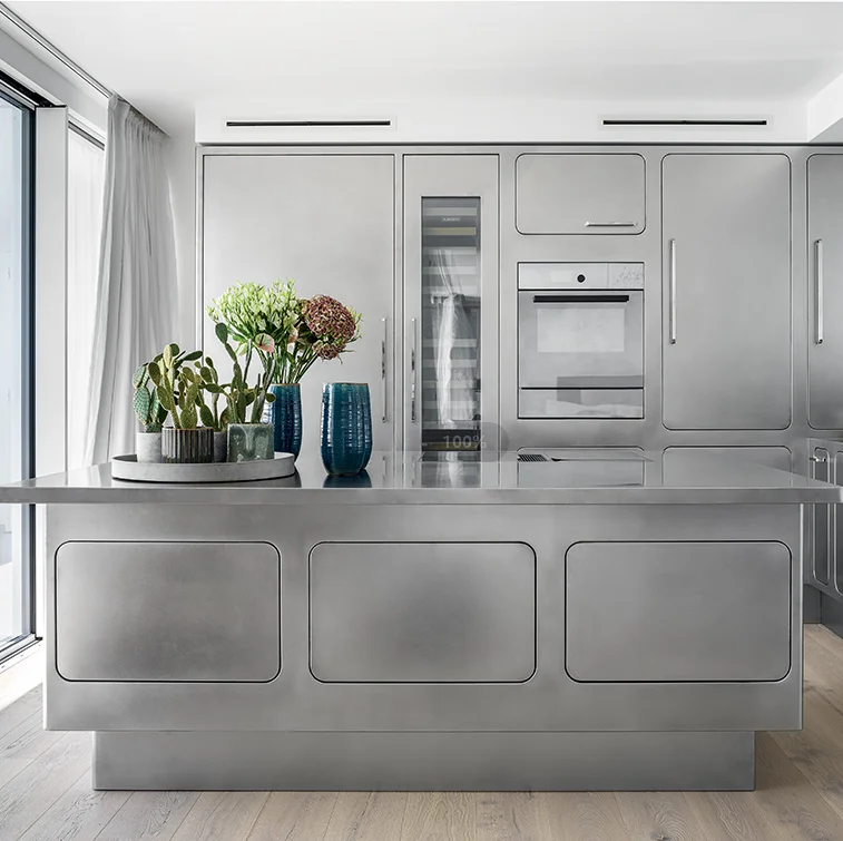 Modern Stainless Steel Kitchen Cabinet with High Pantry Home Hotel Apartment Villa Kitchen Cabinet