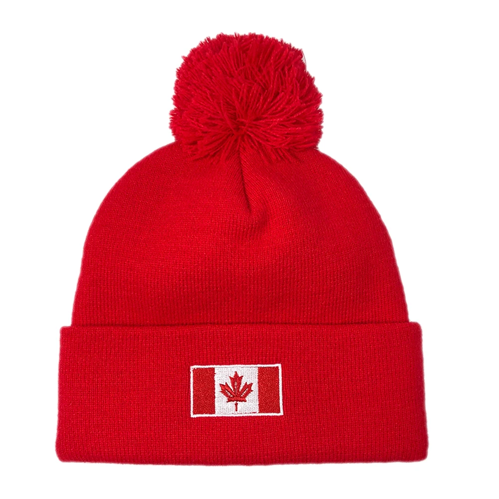 Custom Canada beanie with embroidered logo Pure red knitted pom pom winter hats Fashion adults warmer football knitted hat