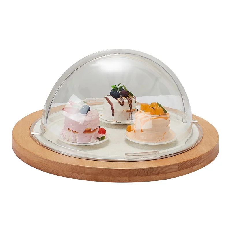 Restaurant Buffet Catering Cake Display Acrylic Cover Wooden Bases Cake Stand with Dome Carton Box OEM 5 Piece Multiple Models