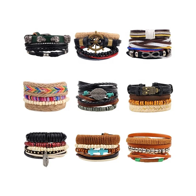 Оптовая продажа, нижнее белье смешанного дизайна для пеньковой веревки плетеный многослойные кожаные браслеты из нержавеющей стали с сплав лист с принтом «якорь черепом подвески