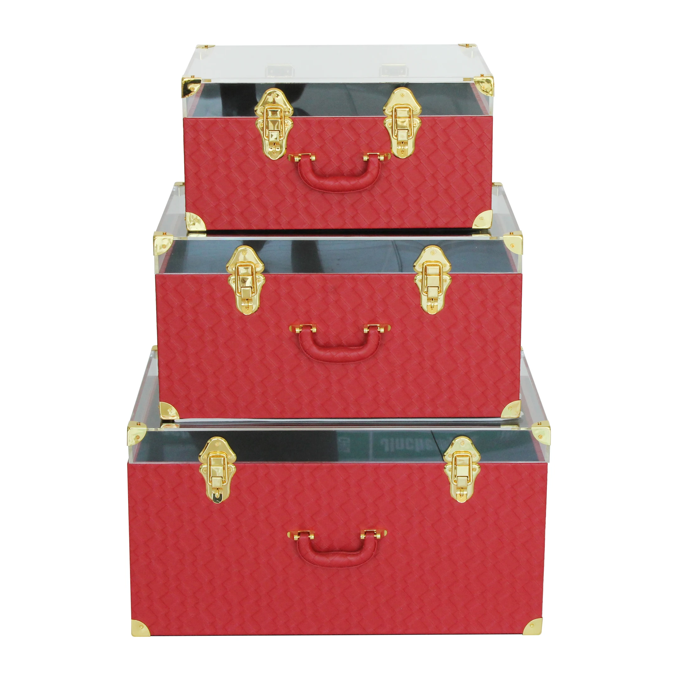 Red leather wooden trunk set of 3 storage trunks with acrylic lid
