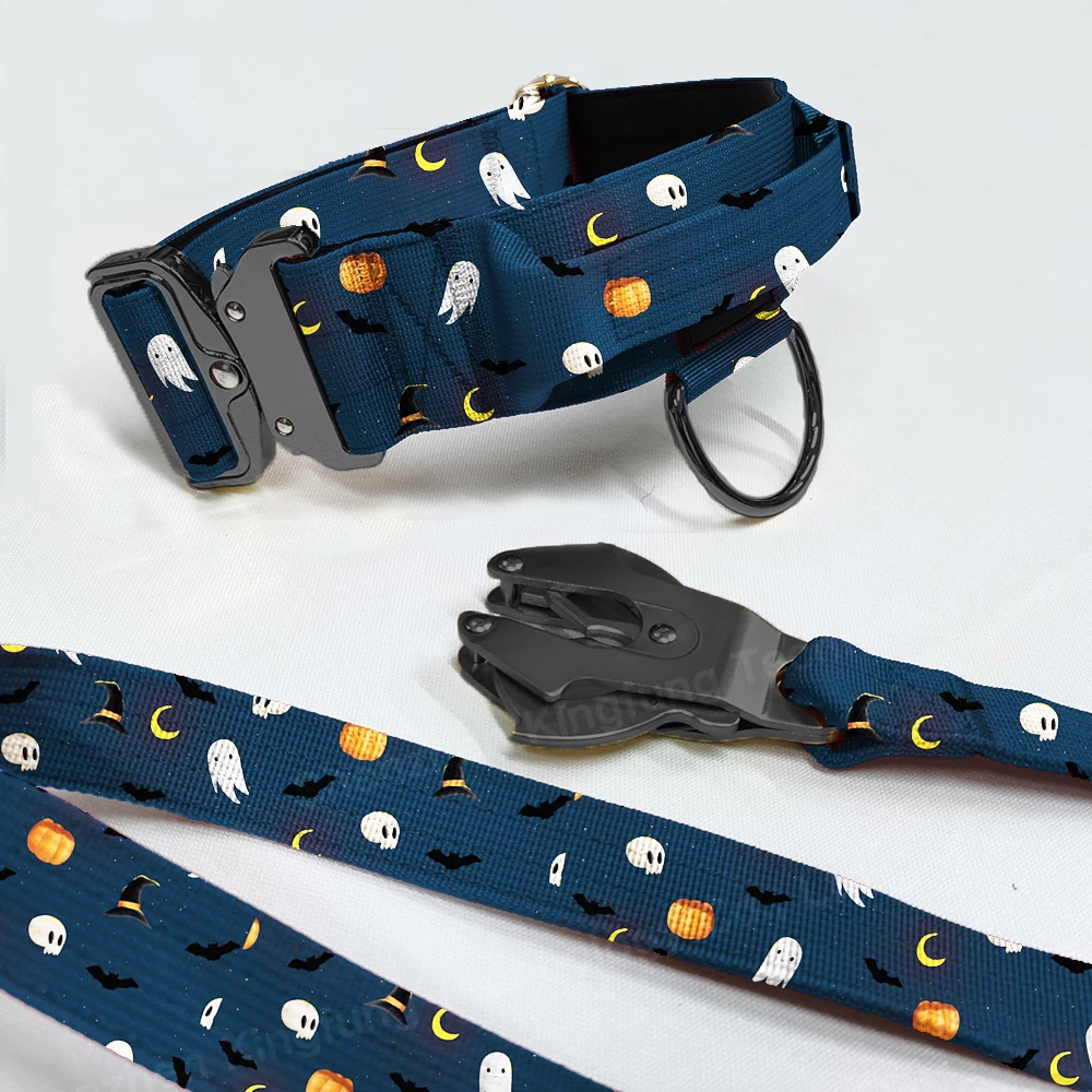 Custom logo Heavy Duty large tactical 5cm wide bully pet dog collars with handle combat nylon print dog collar leash harness