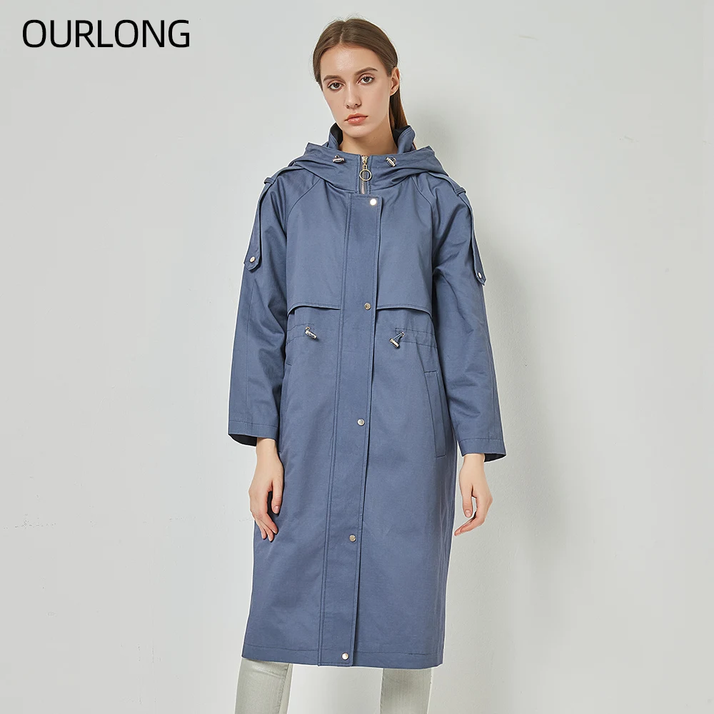 
OURLONG women woven wind breaker oversize hiking casual jacket long trench coat 