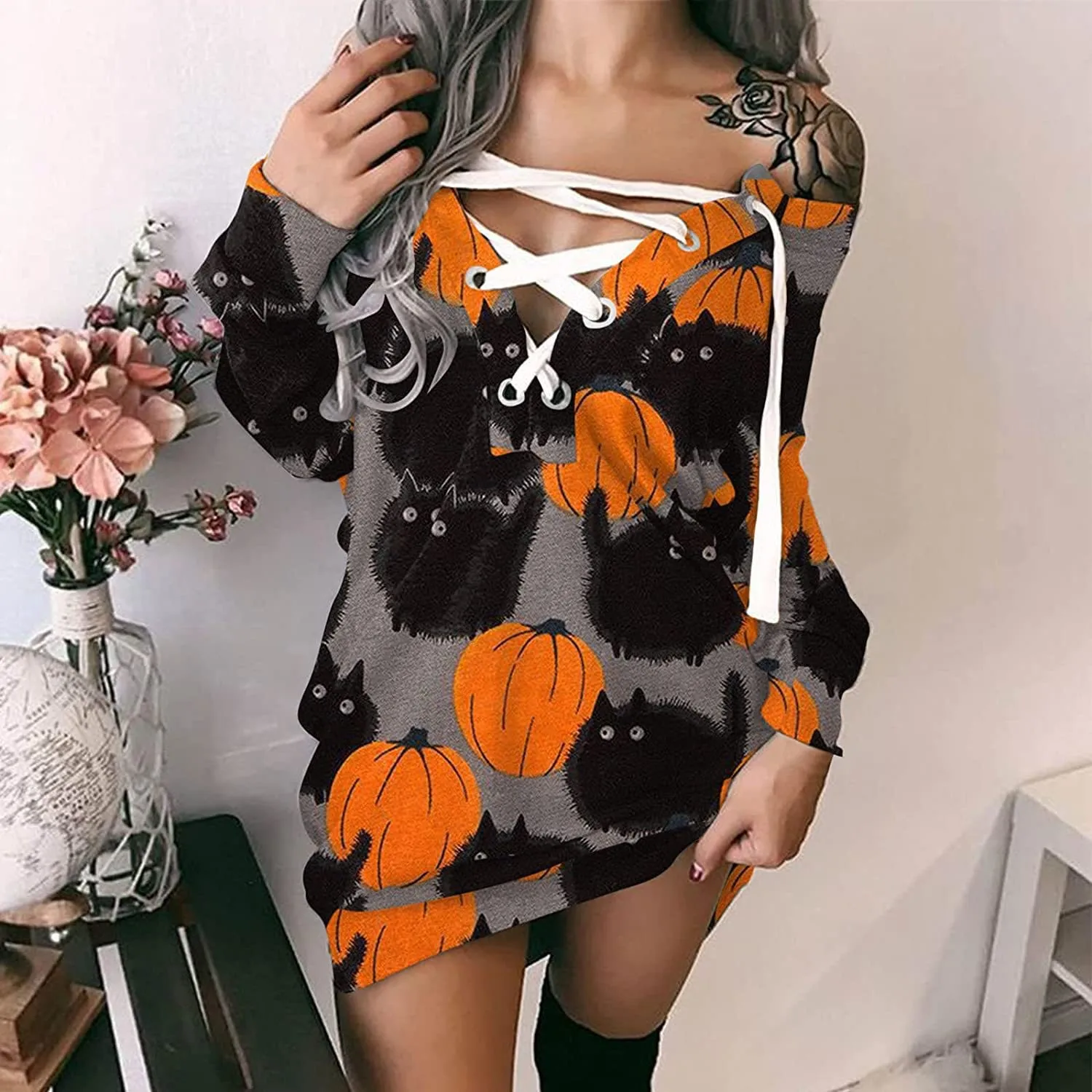 Sell Well Ribbons Trending Long Sleeve Bats Ghost Cat Printed Halloween Pumpkin Female Dresses