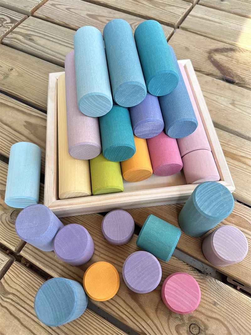 Большие пастельные складные цилиндры строительные блоки ролики деревянные игрушки лесные деревья кольца Детские творческие игры