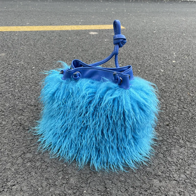 wholesale sheep fur Clutch bags for women faux fur purse lady bag plush fur with bows