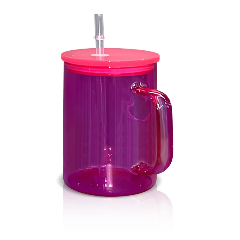 AGH USA China Warehouse 15oz Colorful jelly Sublimation Glass Mug glass beer can With Handle with Colored Lids for DIY Printing