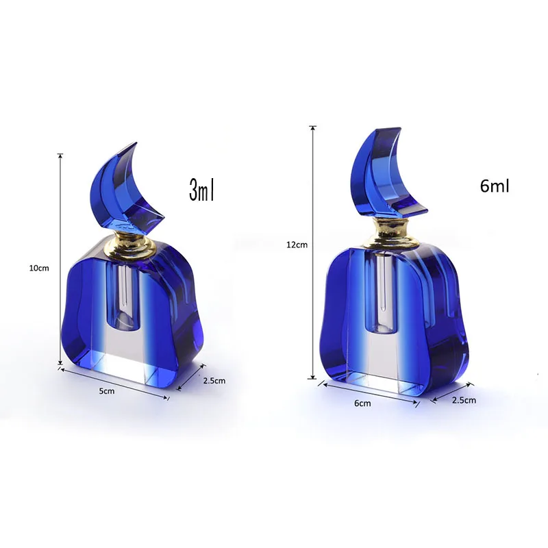 Wholesale 3ml 6ml 12ml Fancy Design attar box Crescent Shape K9 Aloes essential oil Blue Crystal Perfume Bottle