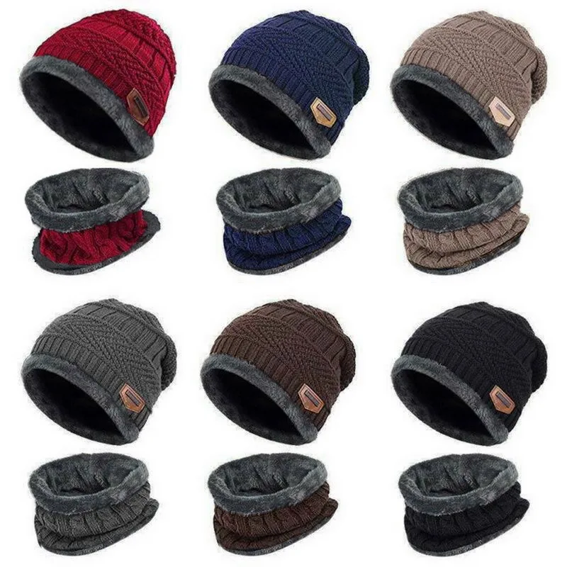 Wholesale Men Women Winter Warmer Plush Beanie Scarf Set Warmer Neck Thick Knit Hat Two Pieces Set