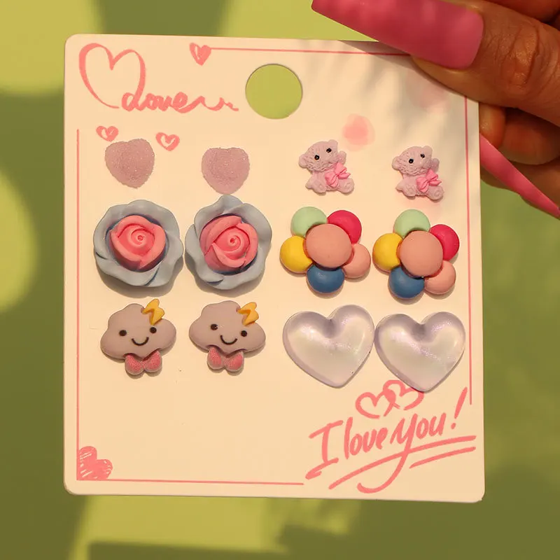 Finetoo Cartoon Solid Color Cute Acrylic Small Stud Earrings Creative Carrot Flower Animal Earrings Set for Women Girls