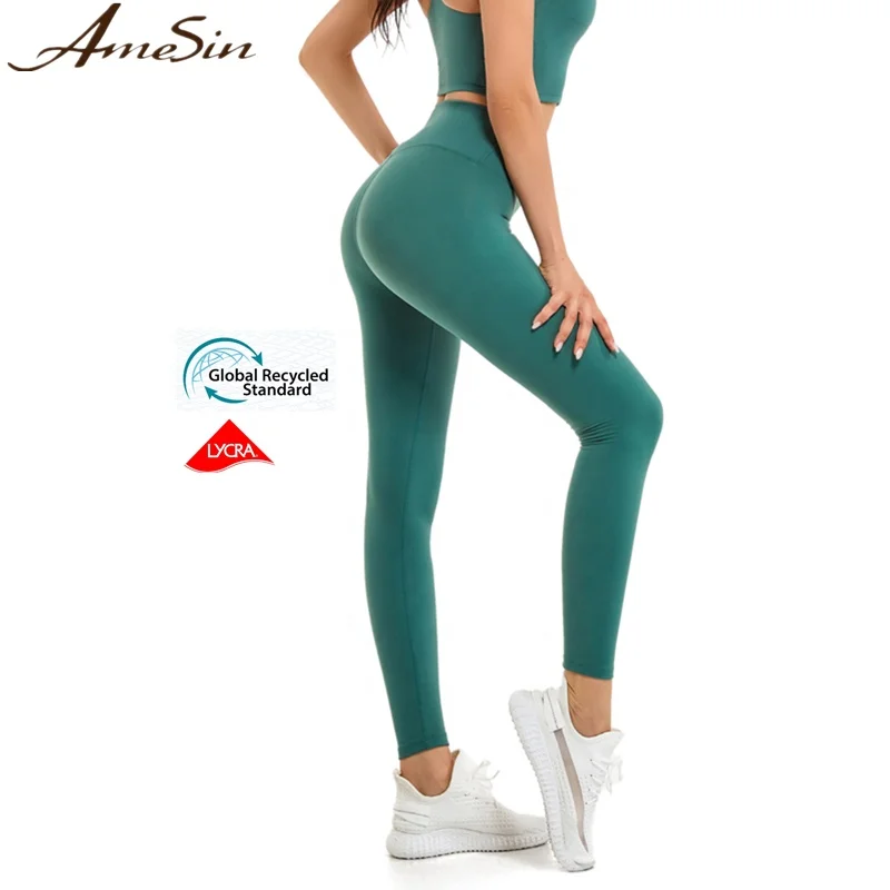 AmSin Free Logo GRS Экологичные женские колготки из лайкры леггинсы для спортзала с карманами устойчивые к приседанию переработанные штаны