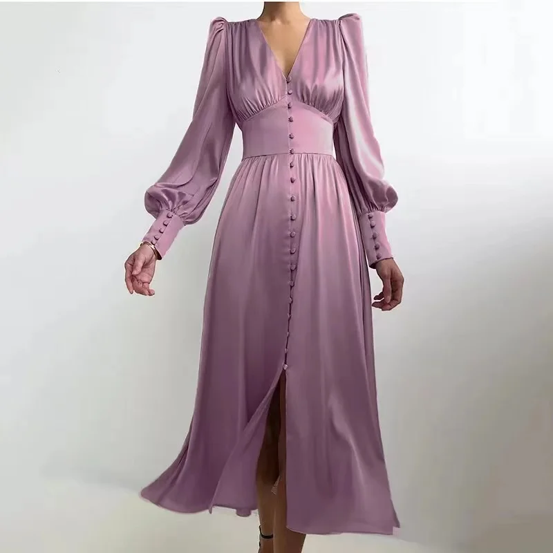 fashion French style A-line tunic elegant dress casual deep v Neck women long Lantern sleeve evening party western silk dresses