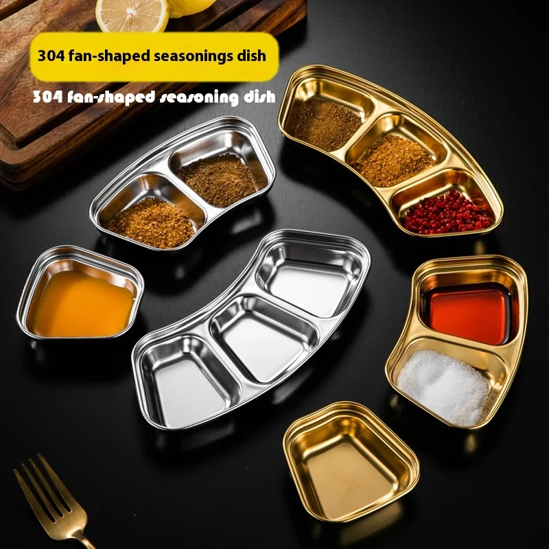 Stainless Steel 304 Hot Pot Condiment Dish Korean Flavor 1 2 3 Compartment Barbecue Tableware Fan-Shaped Sauce Creative Hotel