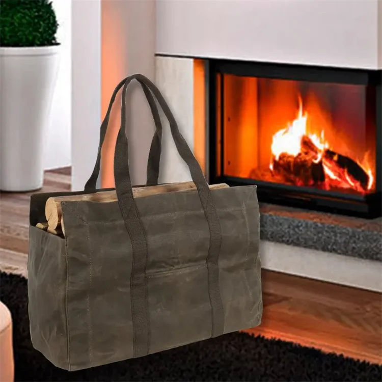 Large Capacity Waterproof Tote Firewood Carrier with Handles Canvas Heavy Duty Fireplace Log Carrier Outdoor Camping