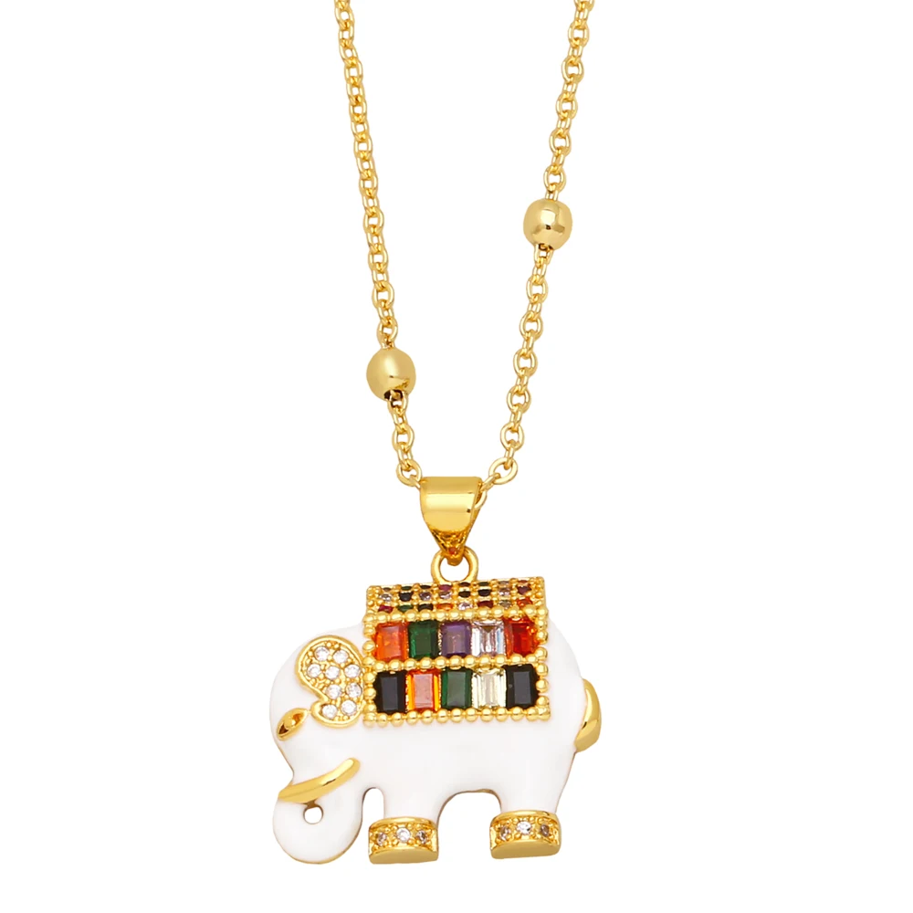 Fashion Black White Enamel Elephant Pendant Necklace Gold Plated Micro Pave Rainbow Zircon Animal Amulet Necklace Women Jewelry