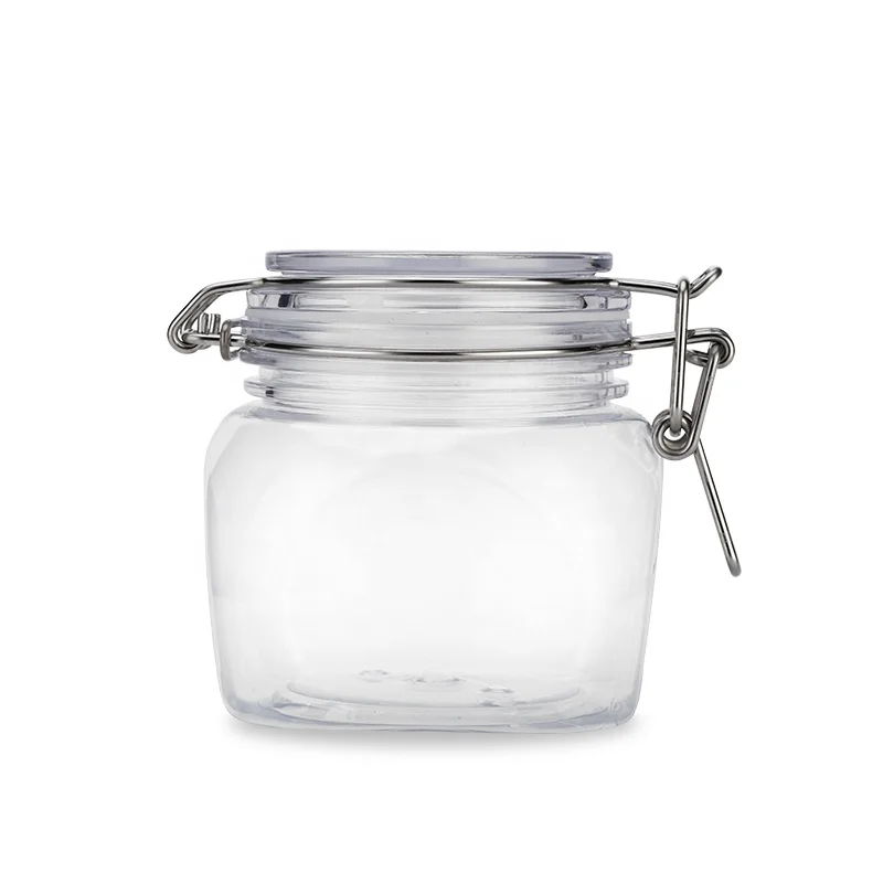 Food pet plastic Jar With Lock Hinged Clip Sealing pet Spice Jars Plastic Bottles Customized (1600230429812)