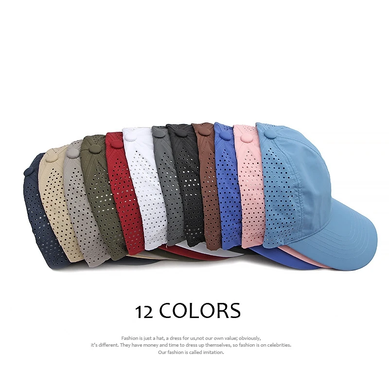 Custom High Quality 6 Panel Quick Dry Navy Polyester Sports Baseball Cap Men Fashion Pvc Logo Laser Cut Hole Perforated Dad Hat