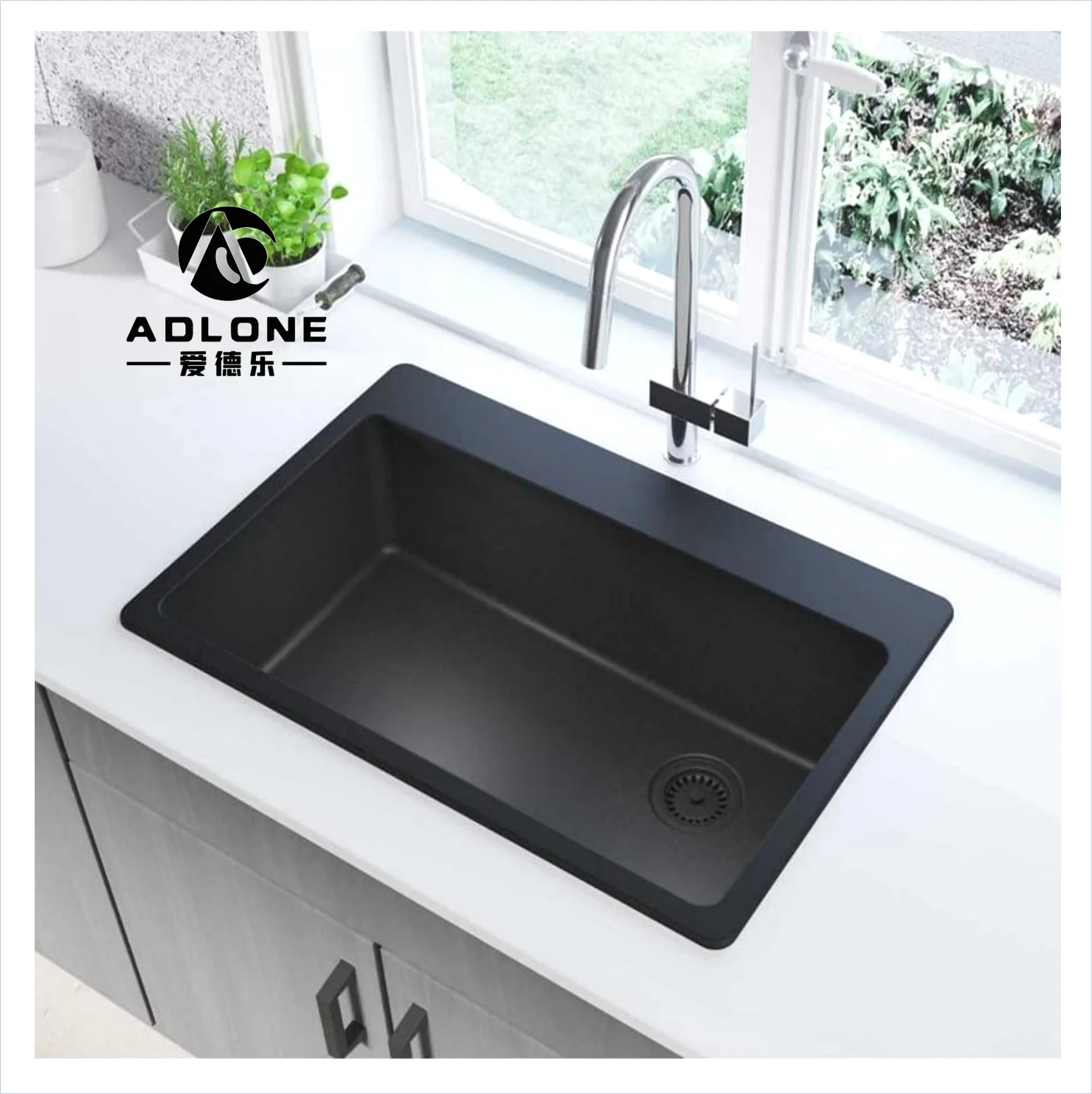 Kitchen granite Sinks Matte Solid top mount Black Granite composite quartz sink