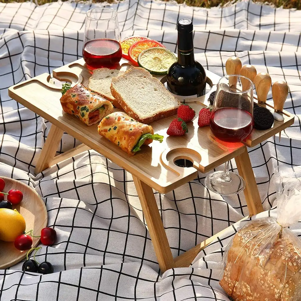 Outdoor Folding Portable Mini Picnic Rack Wine Table Foldable Bamboo Wooden Snack Beach Table with Wine Bottle and Glass Holder