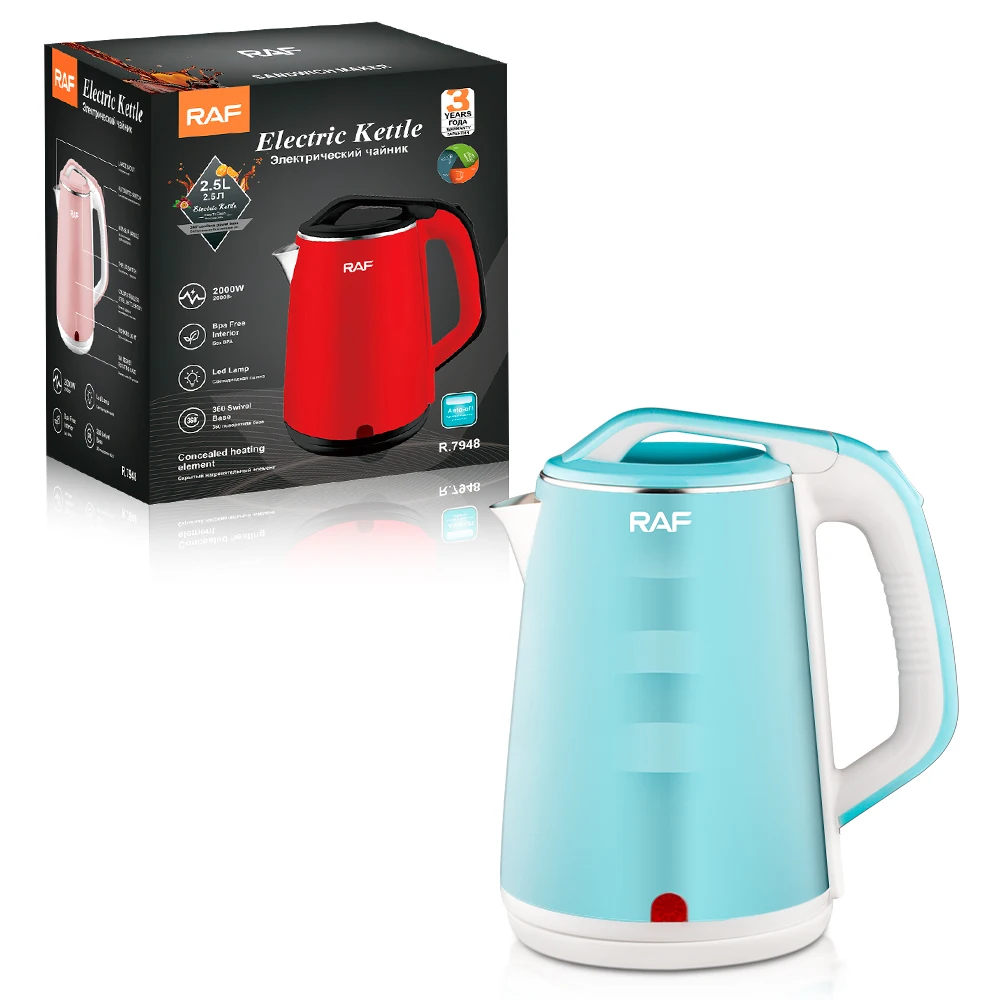 RAF Multi Color Electric Kettle 2.5L Stainless Steel BPA Free Interior with LED Lamp Double Wall Hot Water Boiler