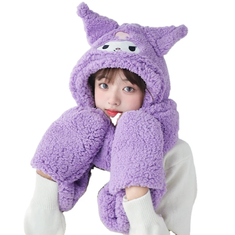 Sanrioed Cinnamoroll My Melody Plush Gloves Scarf Hat Three Piece Set Kawaii Anime Y2K Sweet Girl Warm Clothing