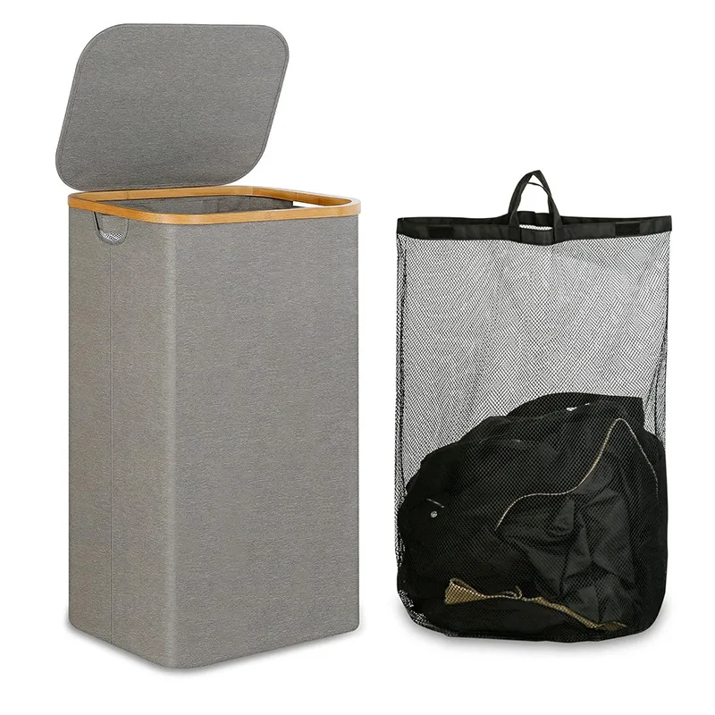 Large Foldable 100l Laundry Basket With Lid Clothes Hampers For Laundry With Bamboo Handles And A Removable Laundry Bag