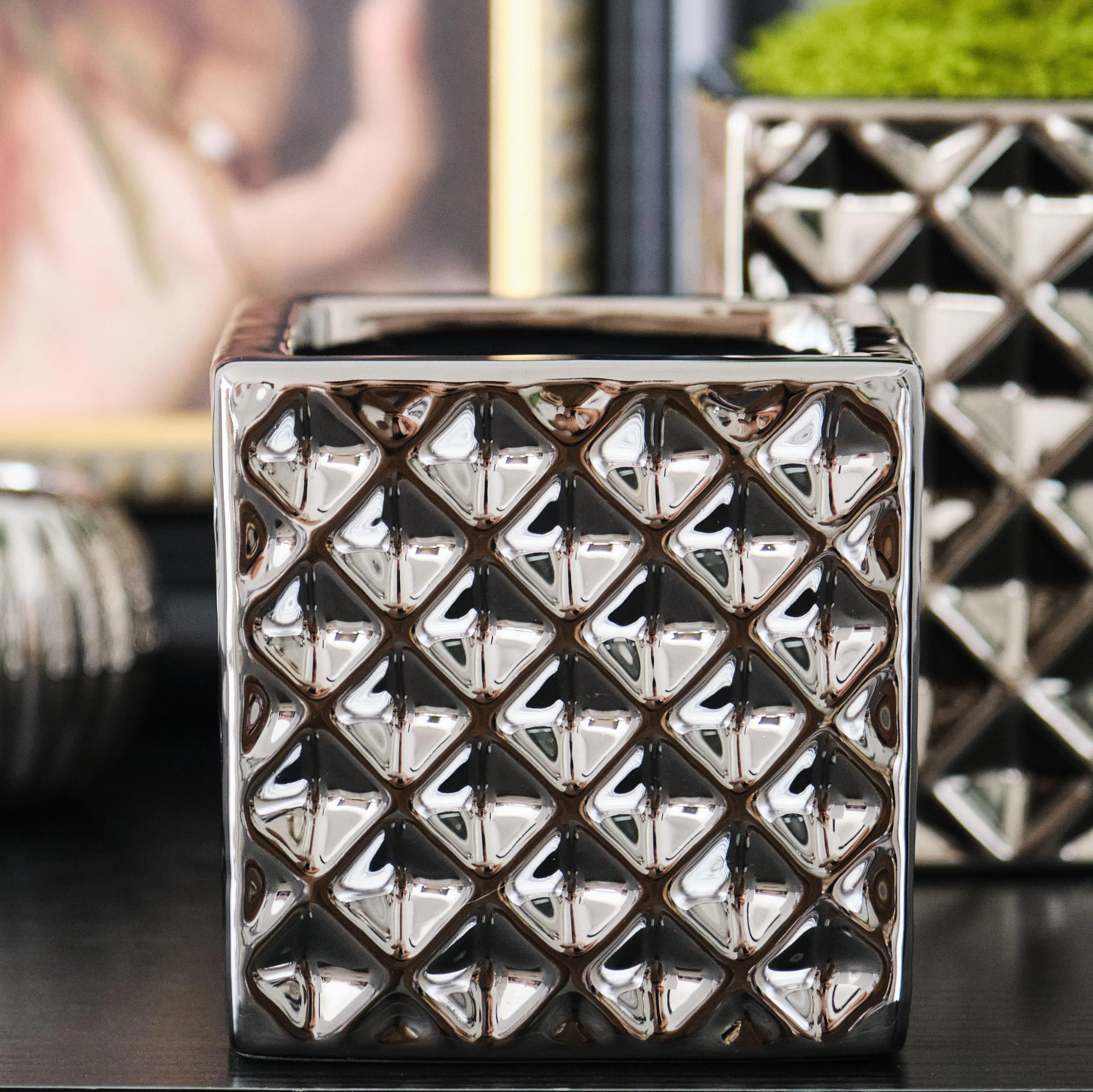 Electroplated silver garden ornaments square ceramic flower pots for plant