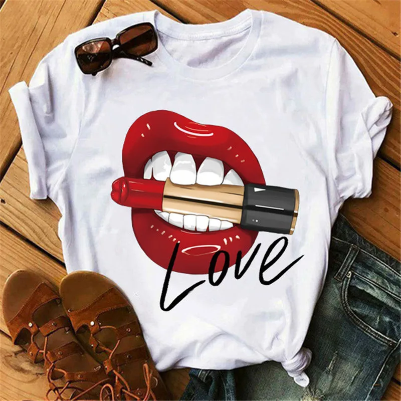  Женские топы футболки с принтом Red Mouth Lip Love базовая женская футболка круглым вырезом и коротким рукавом универсальная белая забавная для