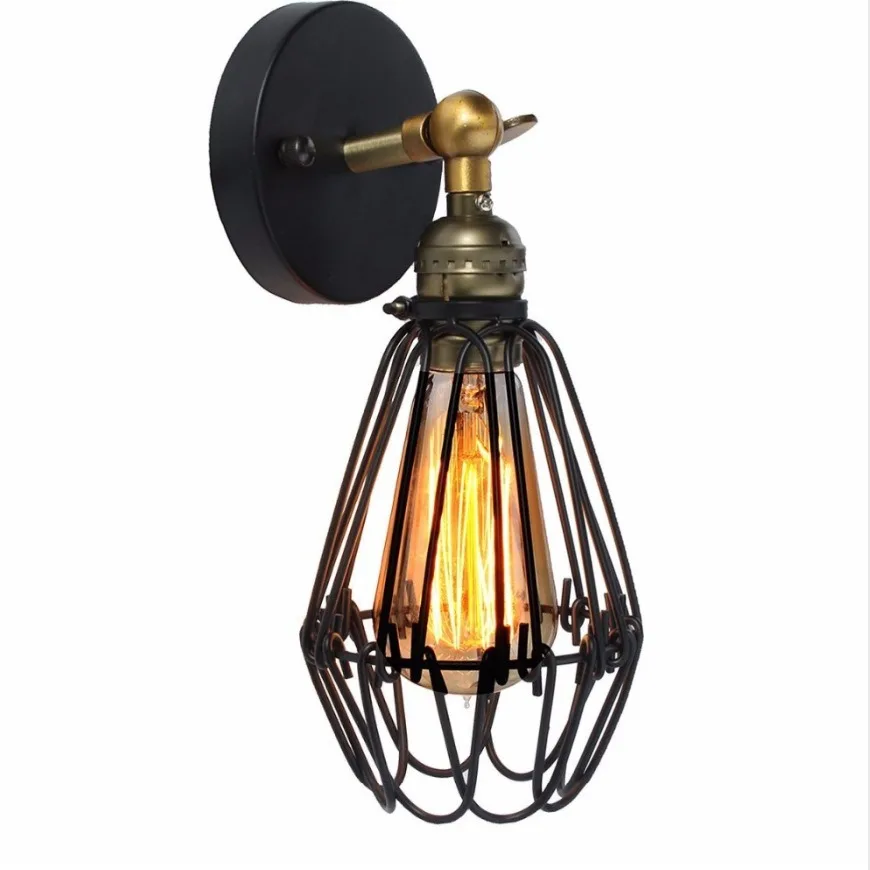 Vintage simple american wire cage lampshade led bar bedroom bedside loft fixtures designer industrial iron wall light