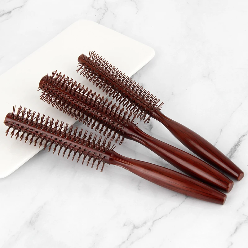 Massage curly comb home styling solid wood vintage nylon tooth red curly cylindrical comb