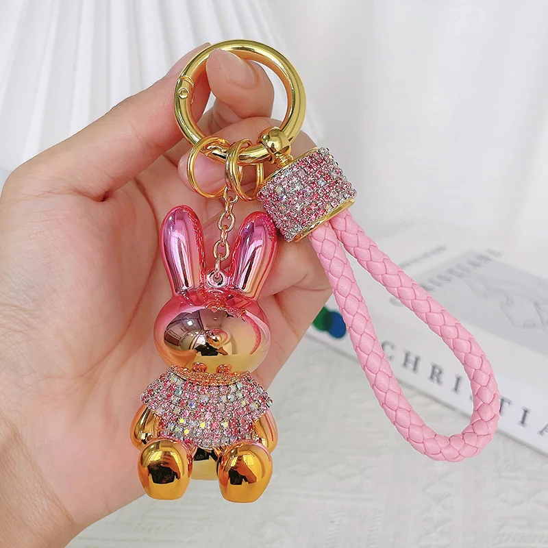 Luxury 3D Cartoon rhinestone Rabbit Crystal stone Key Chains Leather Wristlet Lanyards Bear Keychain Custom Bag pendants