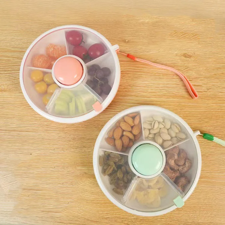 5 Compartment Portable Rotating Clear Round Plastic Carry Out Food Nuts Snack Box Spinner Containers for Kid or Baby