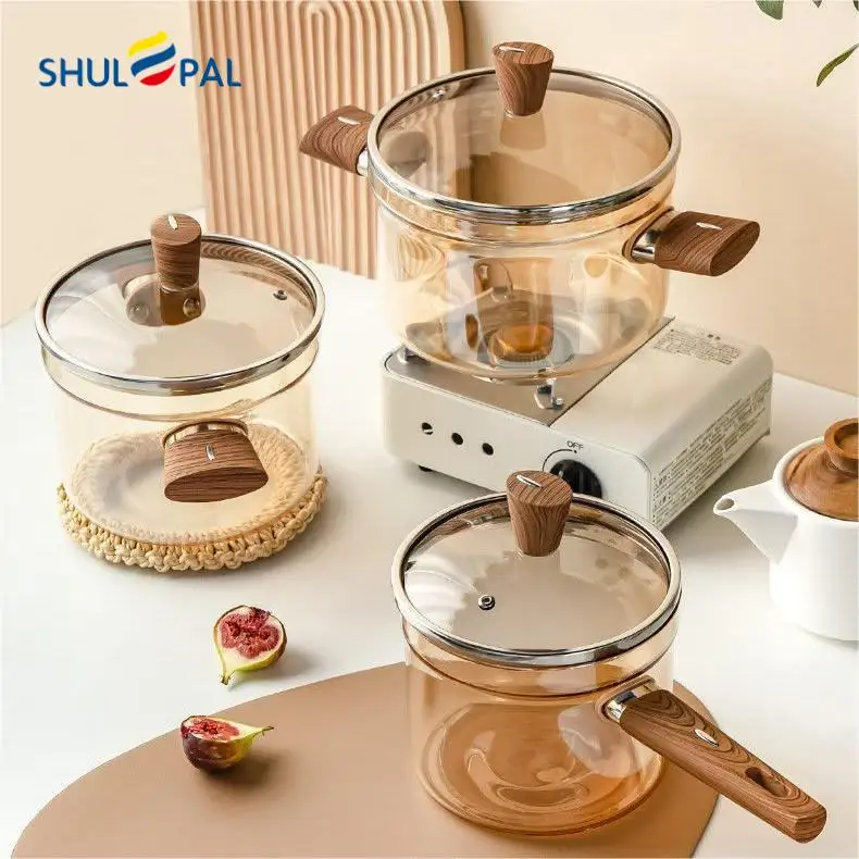 High Borosilicate Glass Kitchen cookware Clear Glass Cooking Pot with wooden Handle for one person