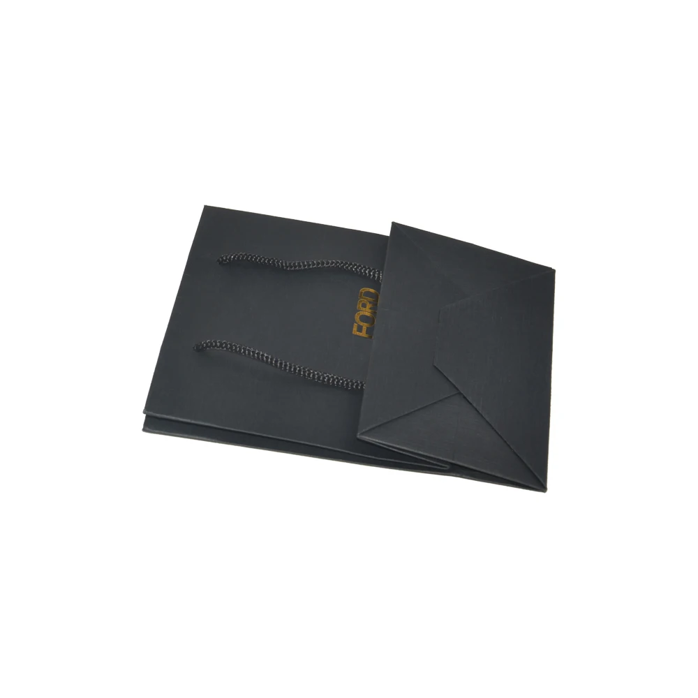 Luxury Gold Foil Logo Custom Branding Jewelry Gift Bag Packaging Kraft Paper Matt Black Shopping Bags with Nylon String Handle