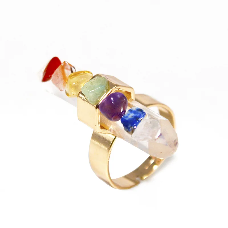 QIURAN Natural Crystal column crushed stone Set Ring 7 Chakra Crystal ring set with gold adjustable ladies fashion Reiki jewelry