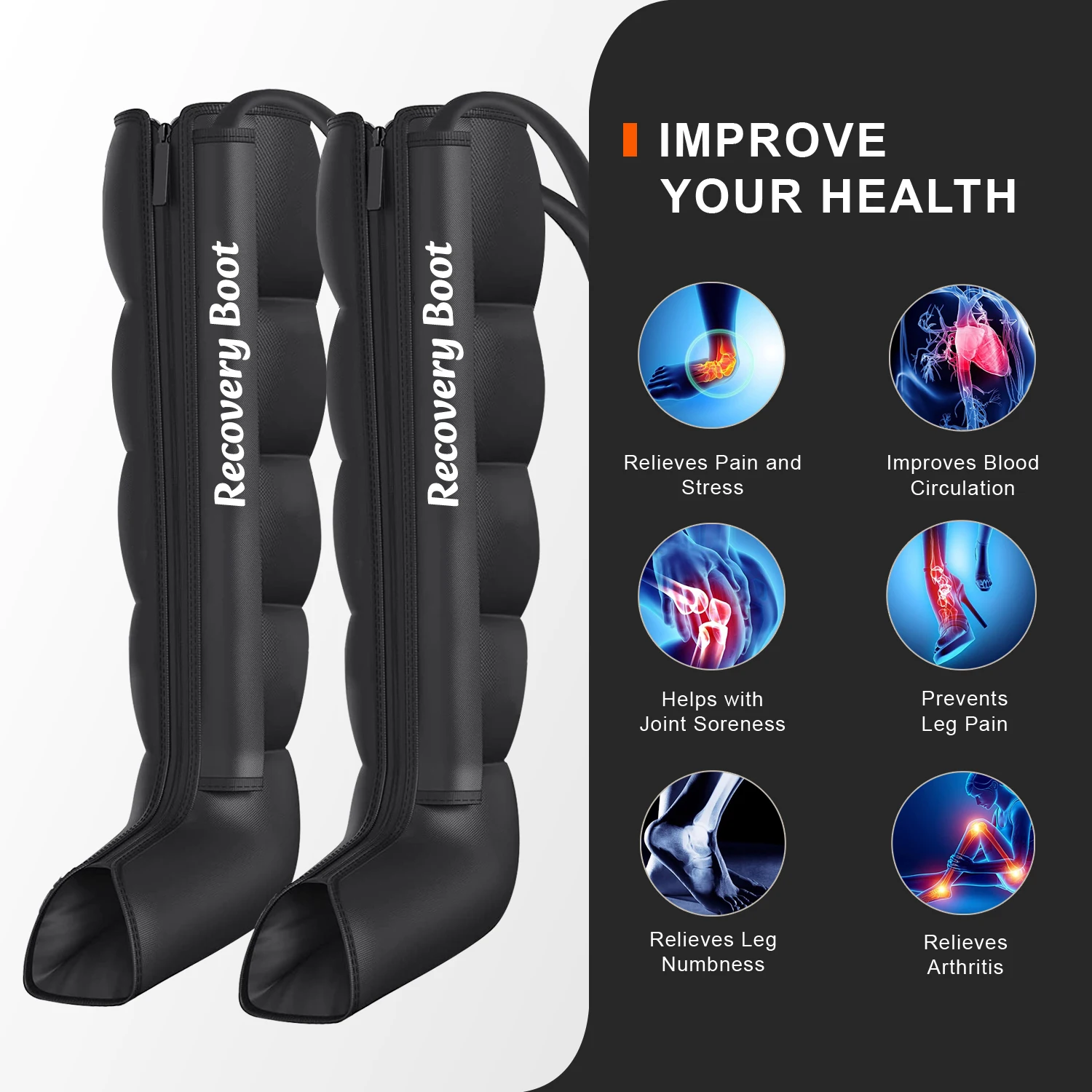 Recovery Boots for Rechargeable Muscle Soreness and Pain 5 Overlapped Chambers Air Compression Leg Massager