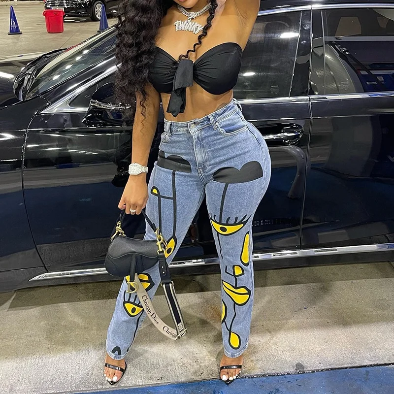 Wholesale New Arrivals Sexy Print Streetwear Pencil Denim Pant Casual Fashion Women Denim Washed Jeans